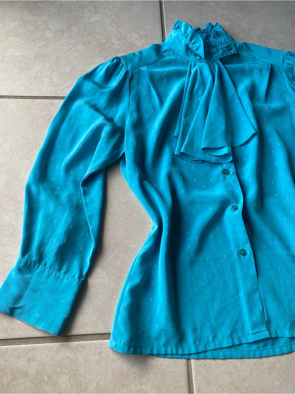 Vtg 1980s Johnathan Martin Turquoise Ruffle-Neck